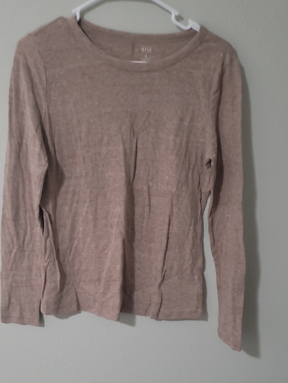 a.n.a Long-Sleeve Crewneck Top - Taupe Beige